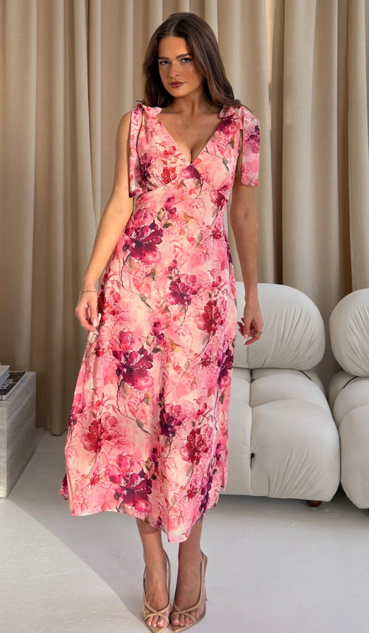 Beverly Floral Tie Shoulder Midi Dress