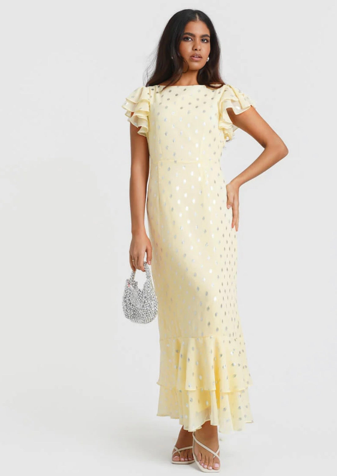 Nadia Lemon Flutter Sleeve Foil Midi Dress