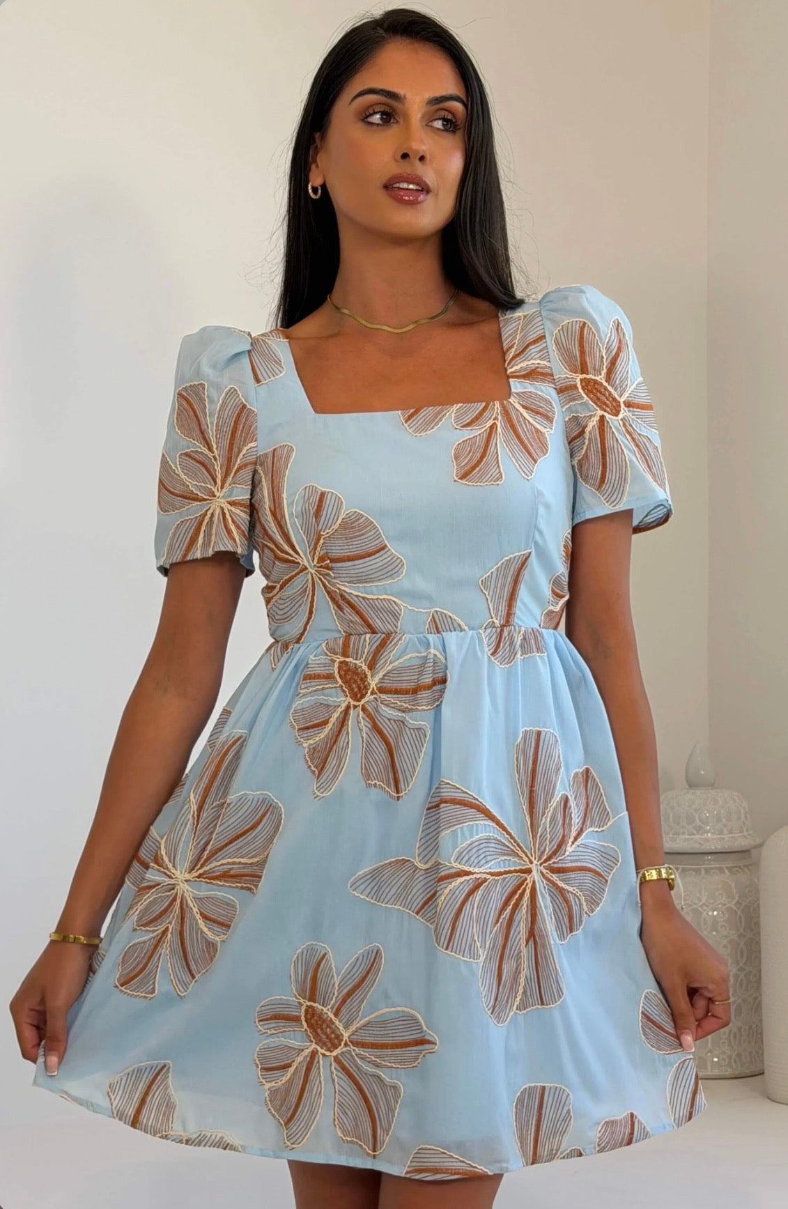 Hallie Blue Square Neck Mini Dress