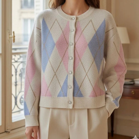 Gracie Cream Argyle Cardigan