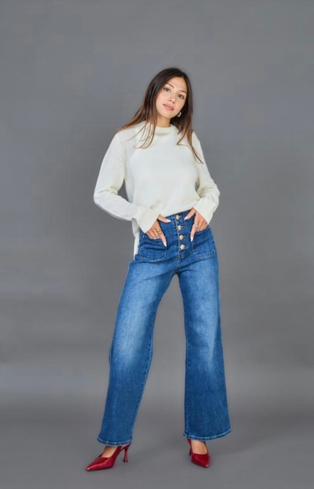 Mid Wash Gold Button Wide Leg Jeans