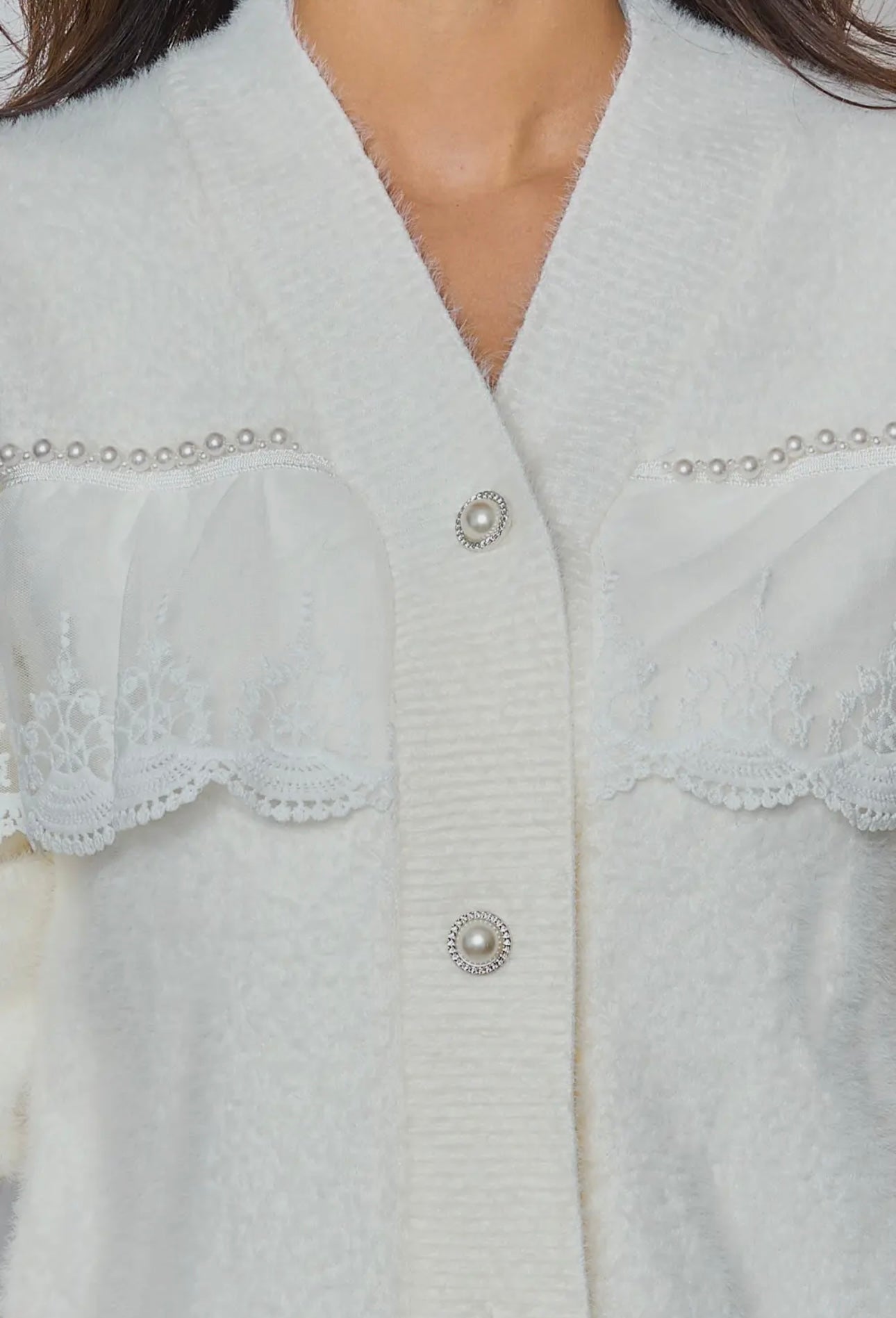 Beatrice White Luxurious Pearl & Lace Cardigan