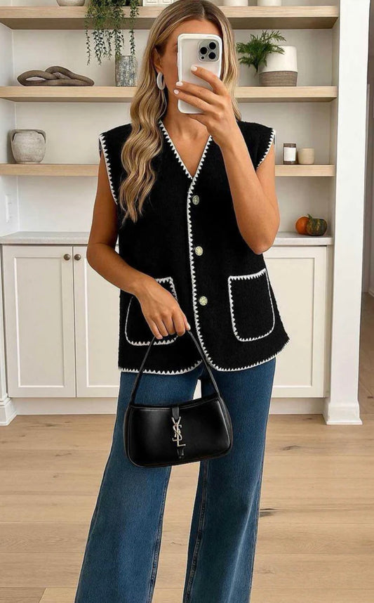 Dottie Boucle Black & White Piped Waistcoat