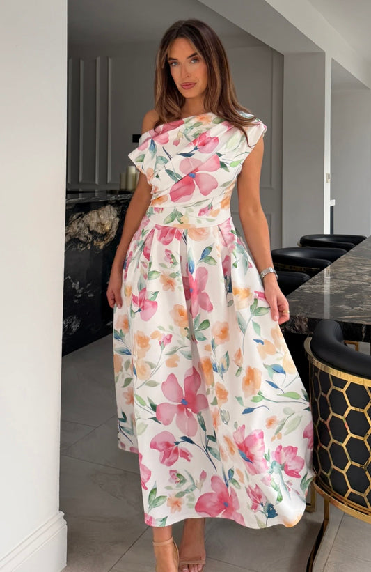 Betty Asymmetric Neckline Skater Midi Dress Print