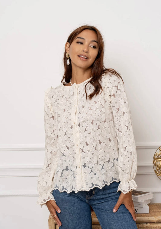 Cream Lace Top With Pearl Buttons
