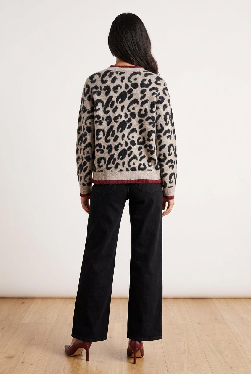 Holly Leopard Print Cardigan In Taupe With Burgundy Trim
