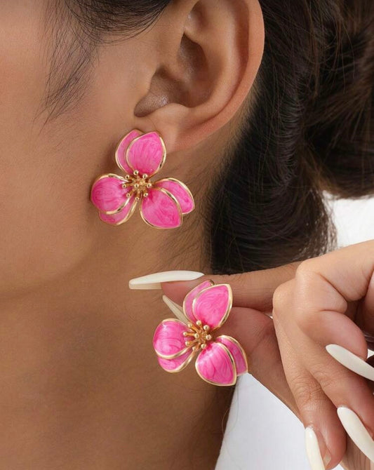 Fushia Pink & Gold Floral Earrings
