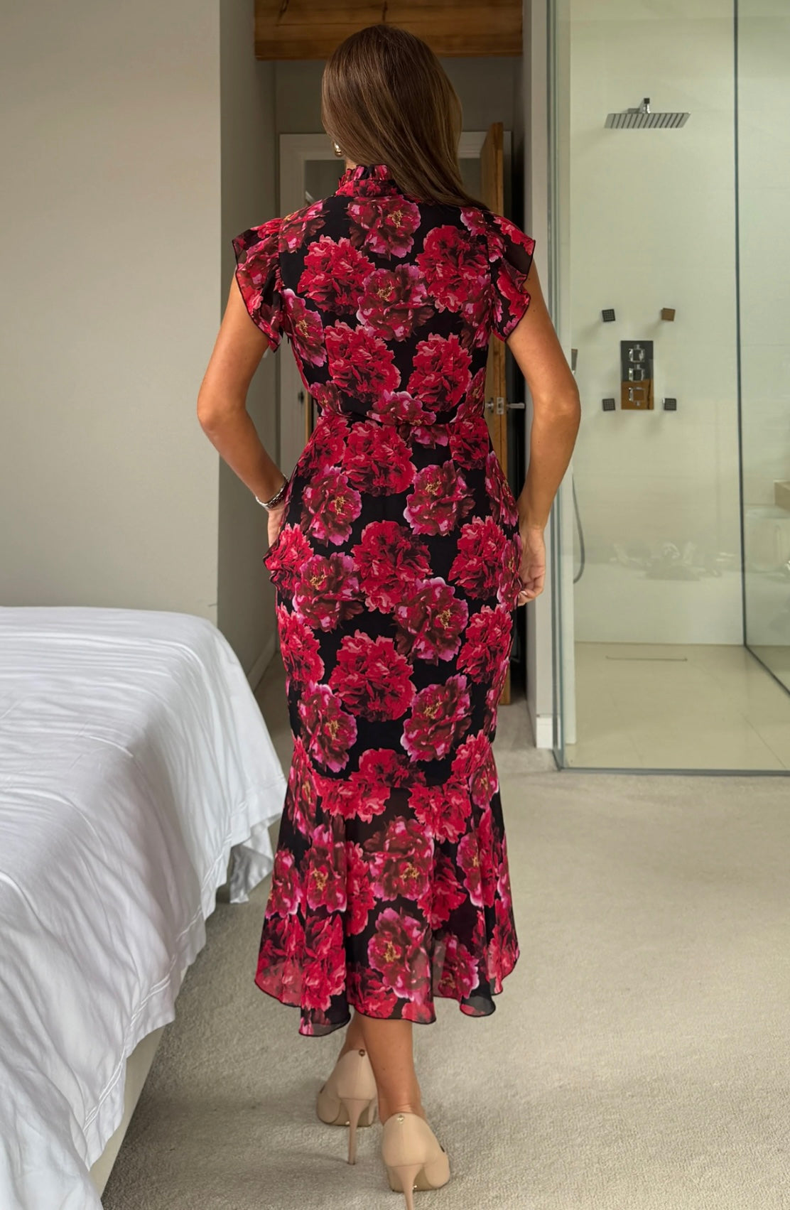 Hannah Black & Red Floral Midi Dress