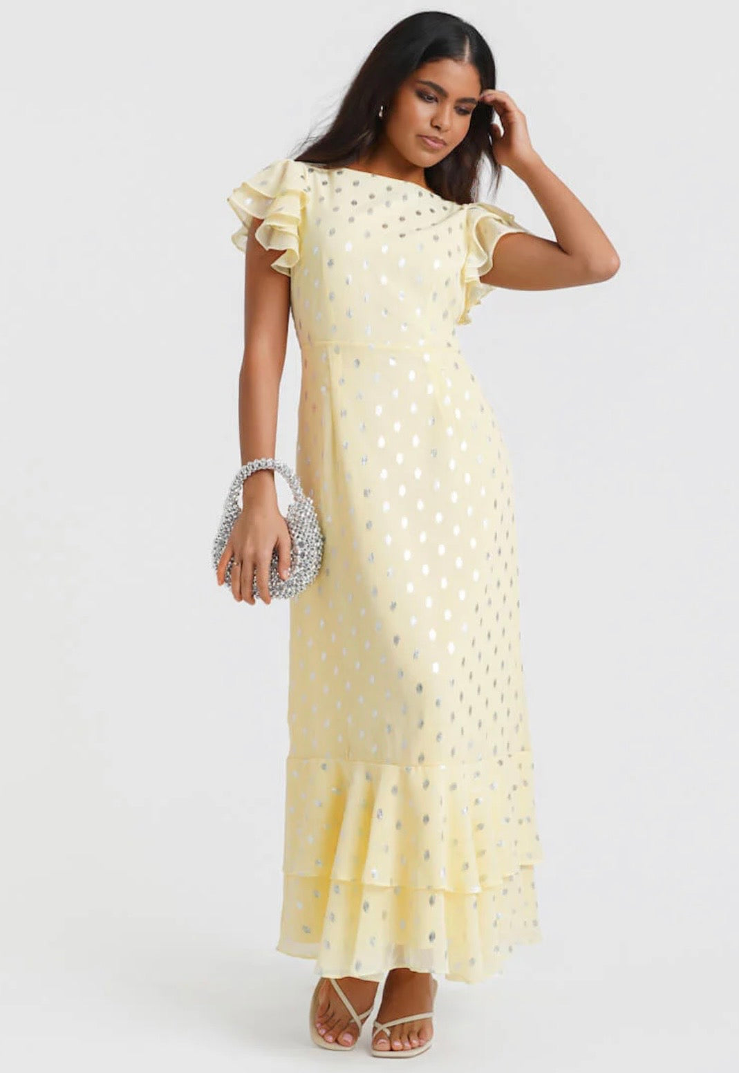 Nadia Lemon Flutter Sleeve Foil Midi Dress