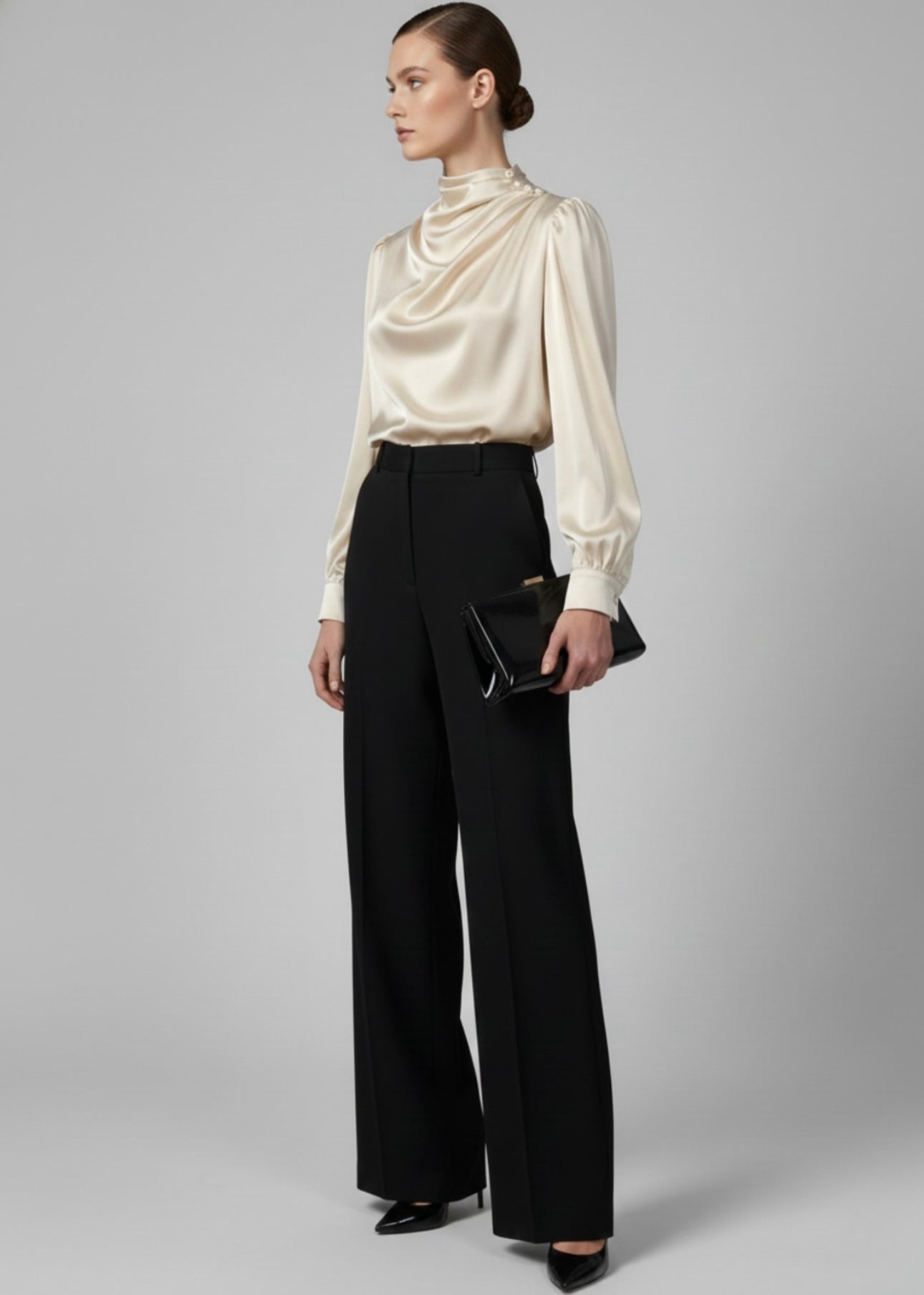 Champagne Satin Pearl Neck Blouse