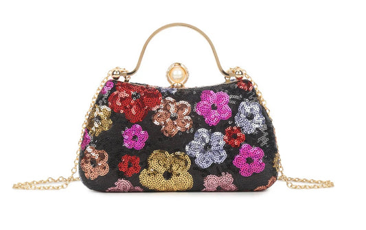 Black Diamanté Handle Floral Sequin Bag