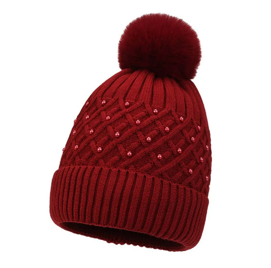 Burgundy Pearl Fleece Lined Pom Hat