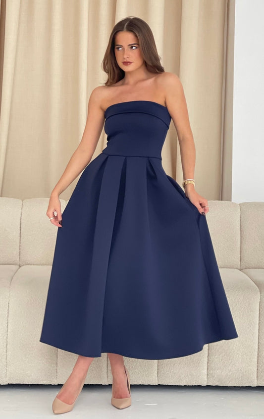 Danni Strapless Bandeau Midi Dress Navy