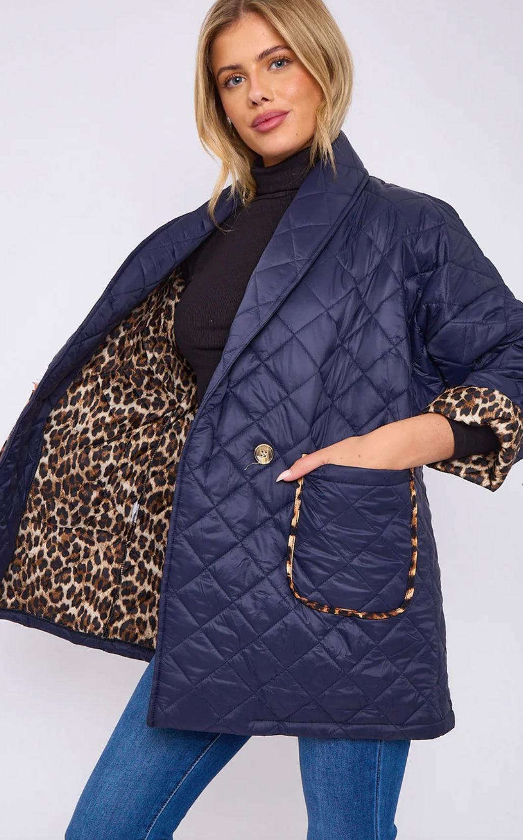 Carmen Leopard Print Quilted Coat Navy (one size 10-16)