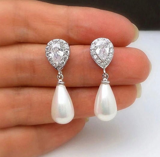 Silver Diamanté Pearl Drop Earrings