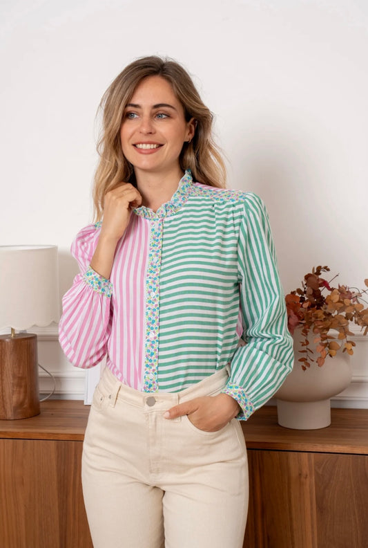 Michelle Fushia Pink & Green Striped Shirt