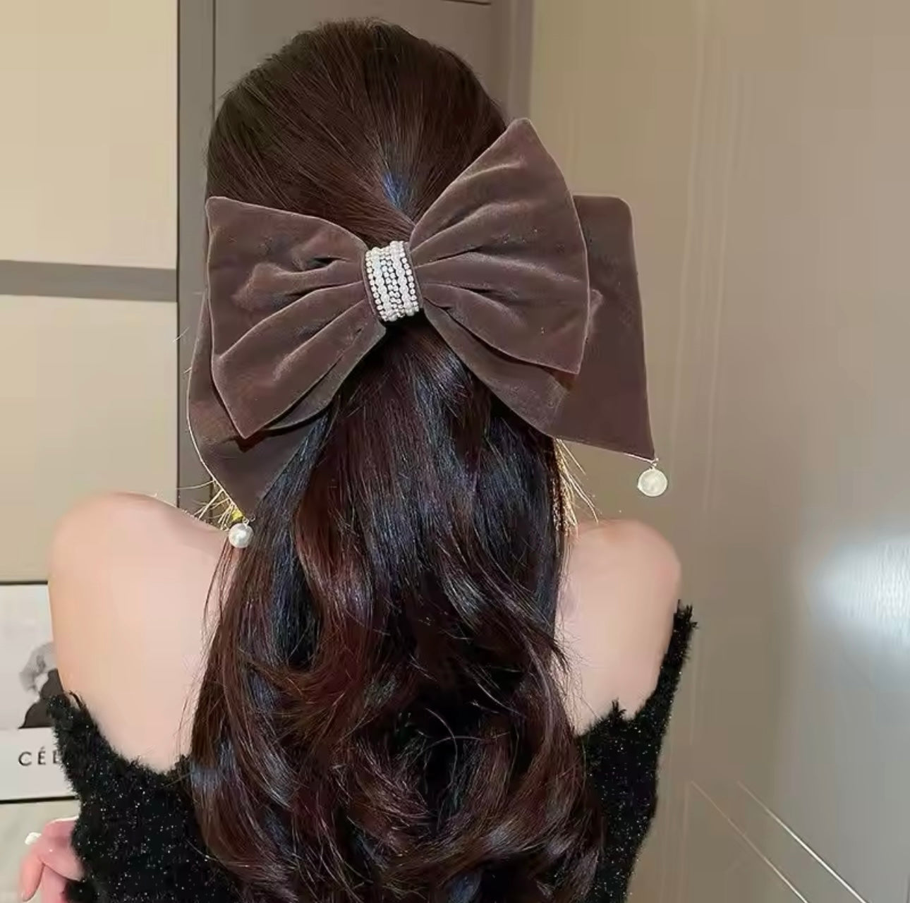 Large Pearl Diamanté Velvet Bow Mocha