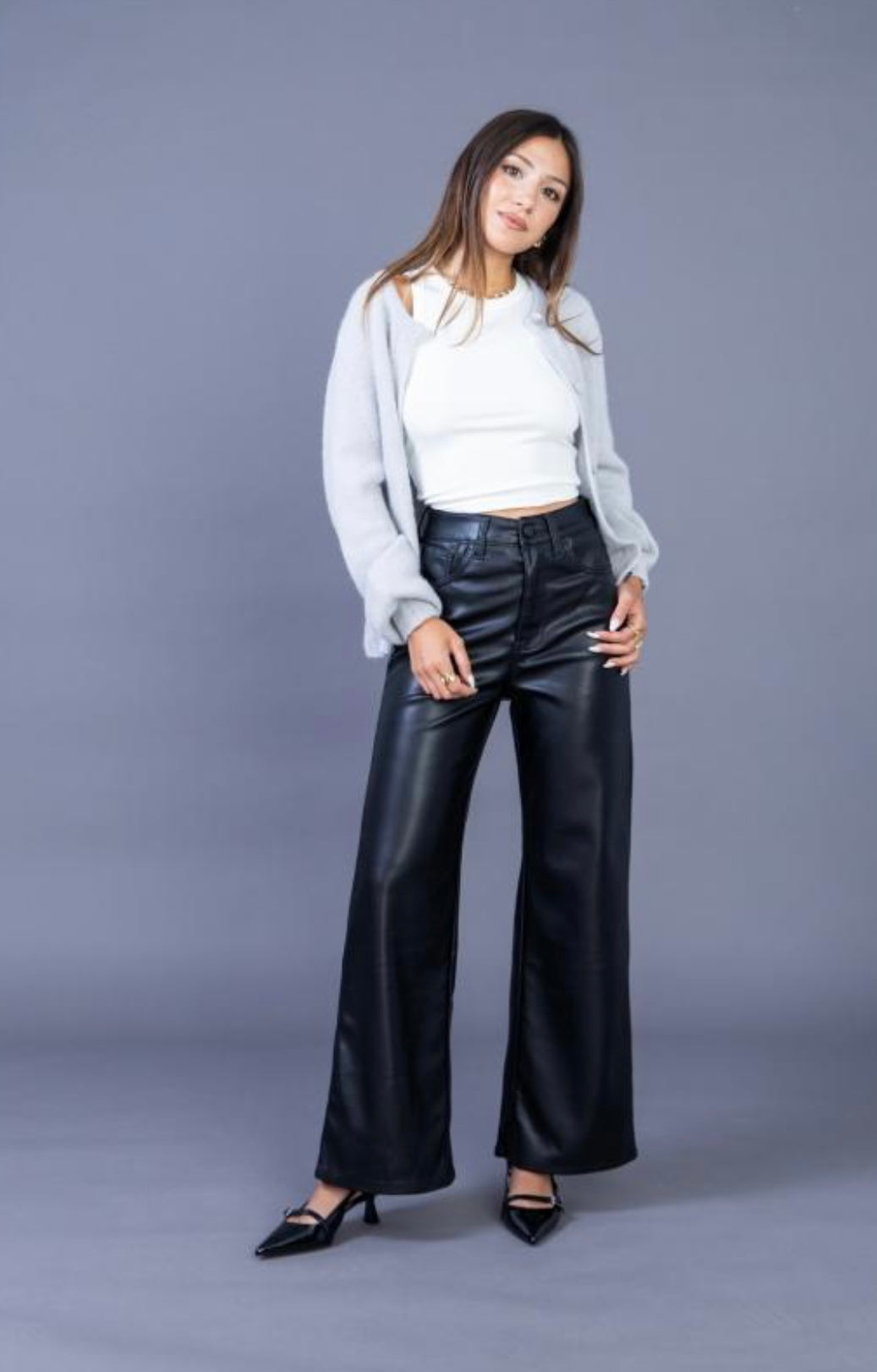 Black Leather Wide Leg Trousers