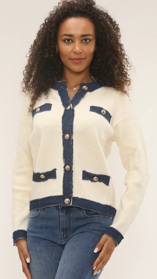 Cream & Denim Trim Cardigan/Jacket