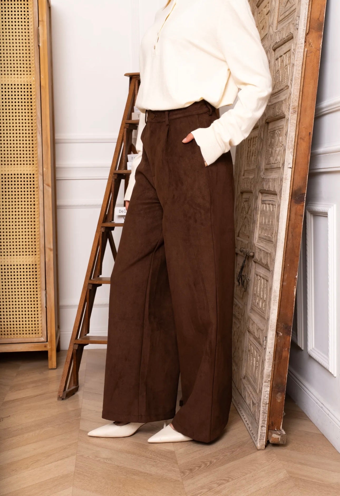 Brown Suede Wide Leg Trousers