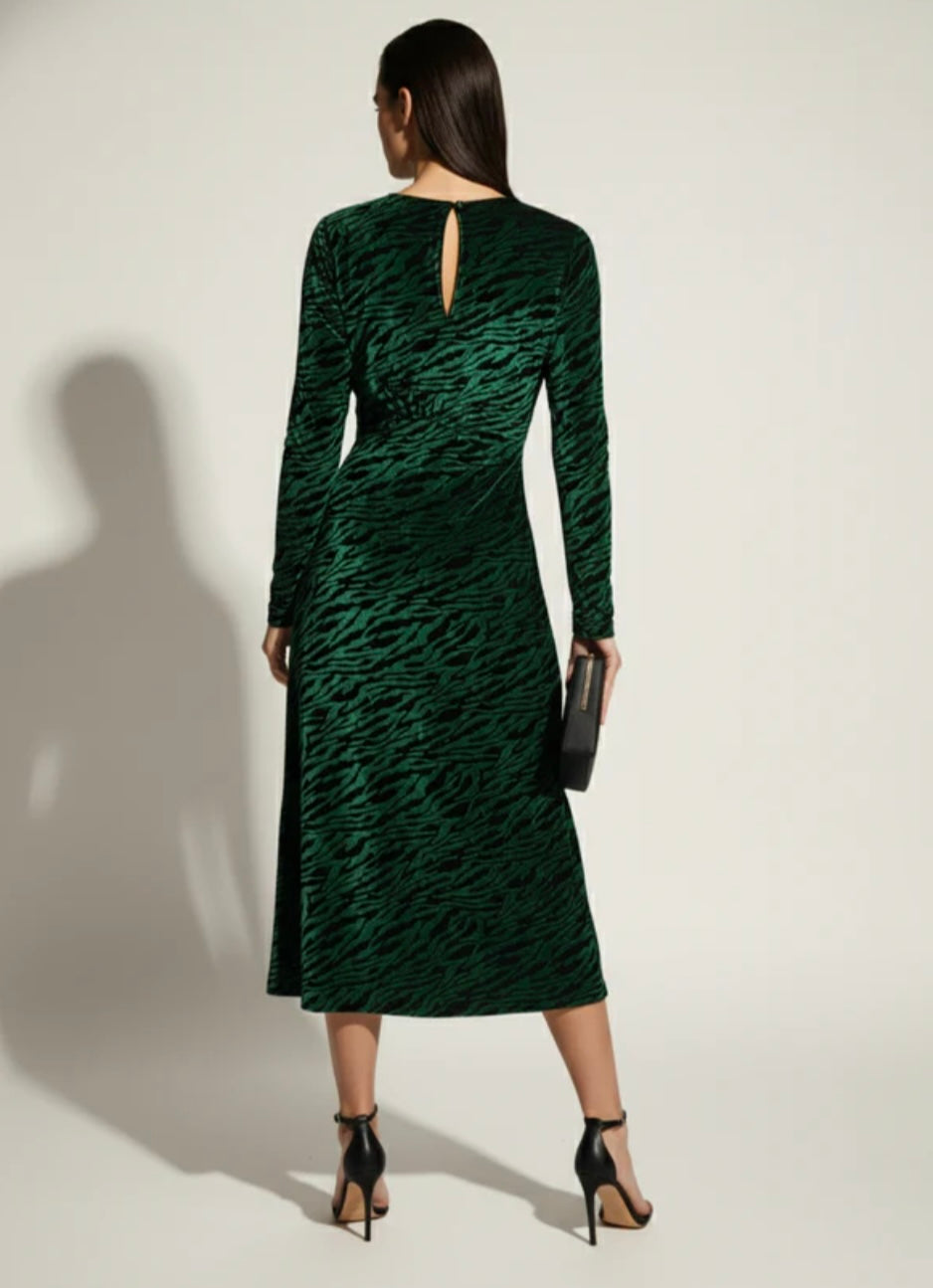 Velvet Zebra Print Midi Dress In Emerald & Black