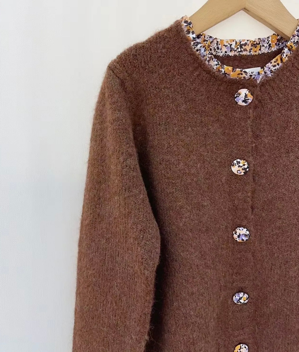 Brown Cardigan With Floral Collar & Button Detail