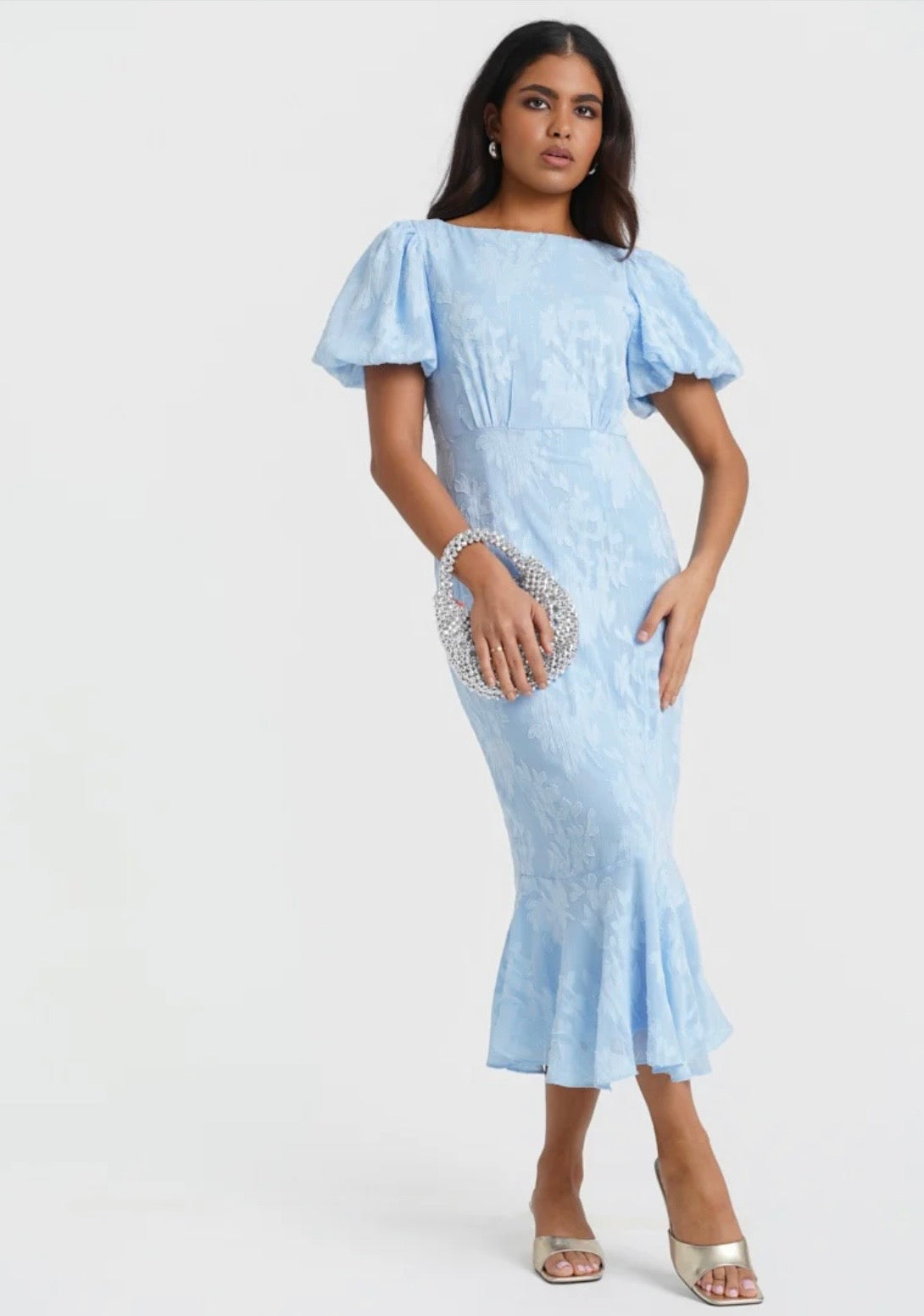 Eleanor Blue Jacquard Shimmer Puff Sleeve Occasion Dress