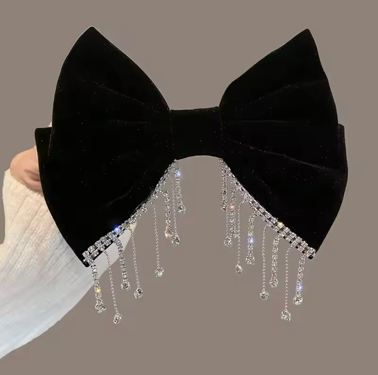 Black Diamanté Drop Detail Velvet Bow