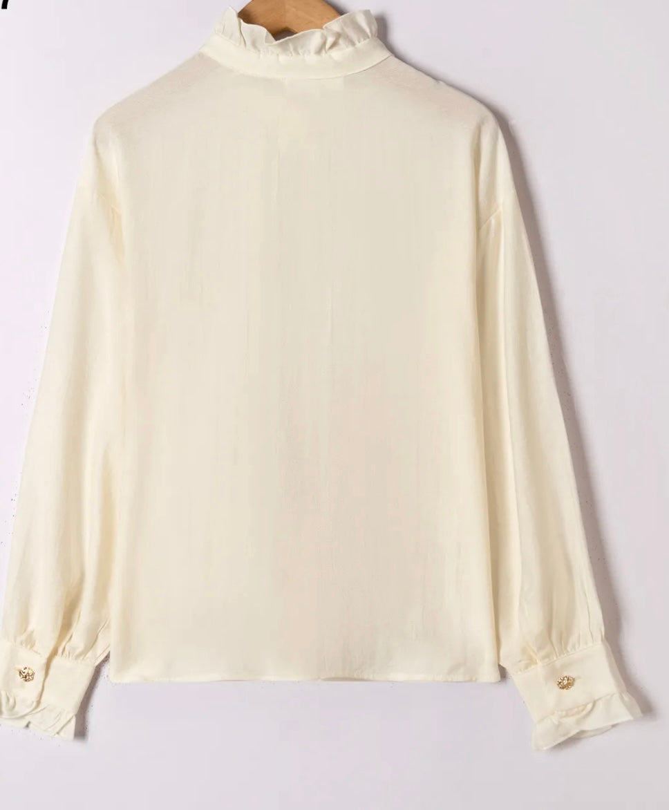 Cream Frill Blouse With Gold Button Appliqué