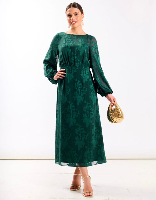 Emerald Green Jacquard Midi Dress
