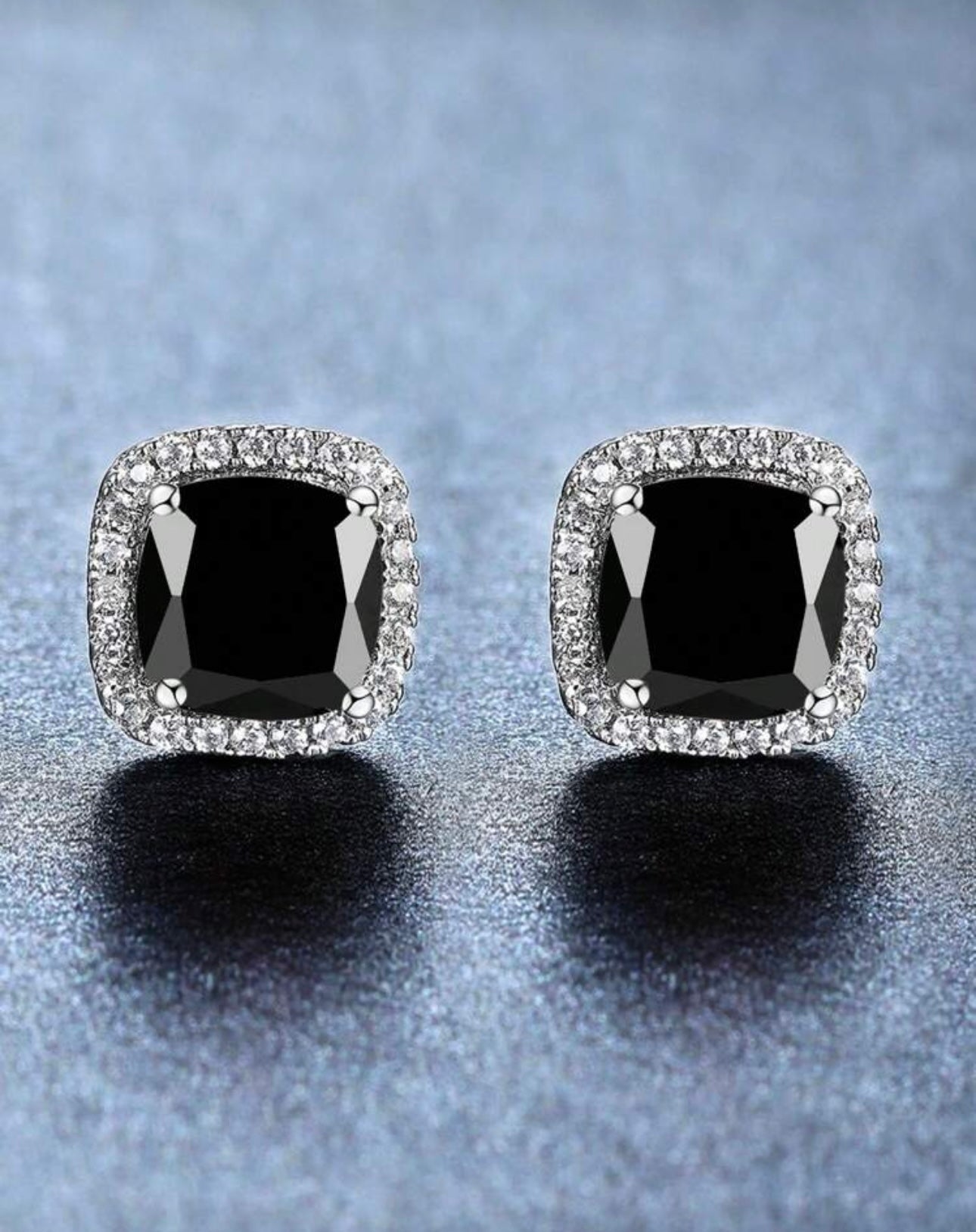 Silver & Black Diamanté Square Earrings