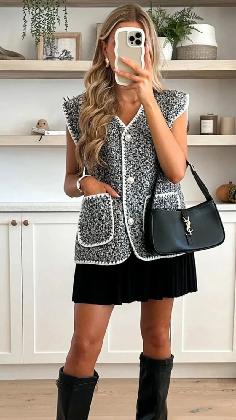 Dottie Boucle Grey & White Piped Waistcoat