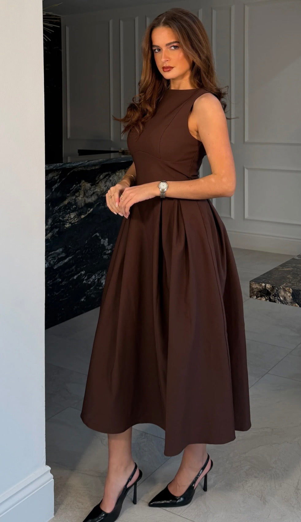 Nesta Boat Neck Skater Midi Dress Brown