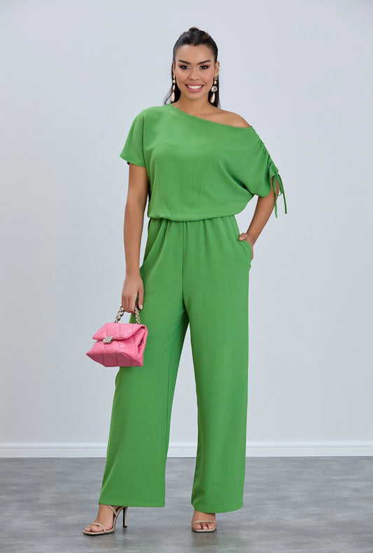 Leah Off The Shoulder Wide Leg Jumpsuit In Apple Green