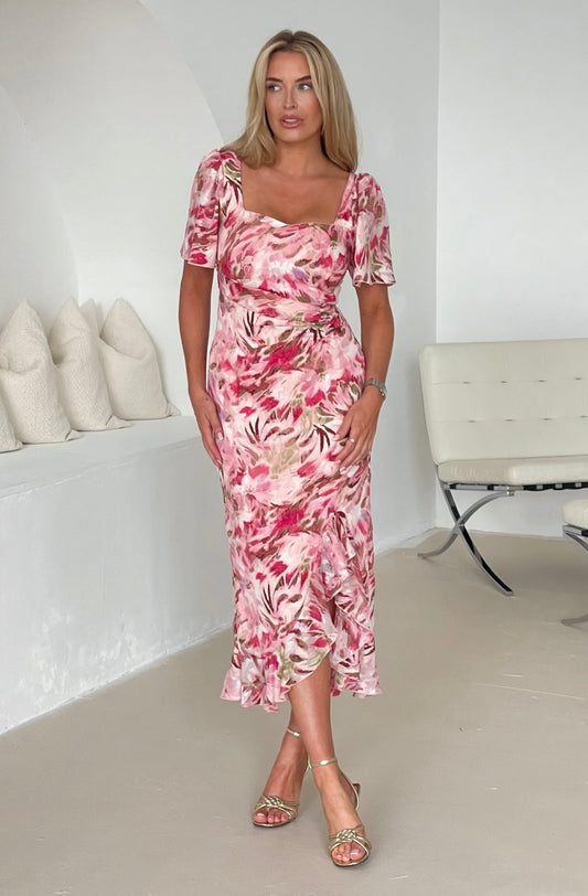 Heidi Multi Floral Midi Dress Pink (size 8)