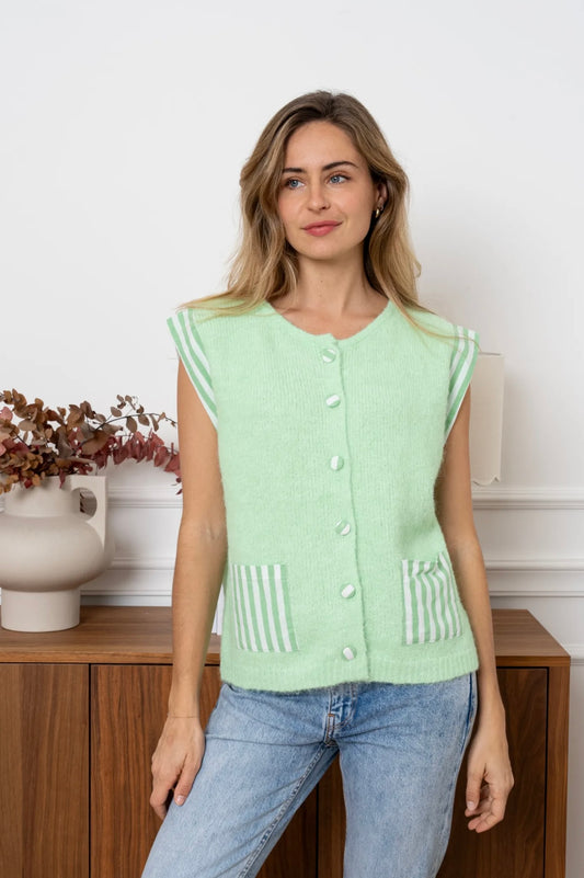 Cara Green & White Striped Waistcoat