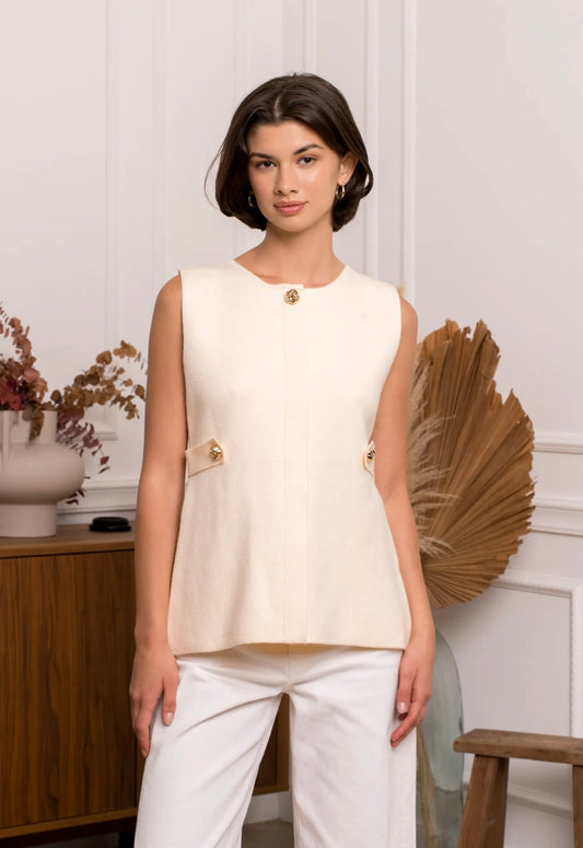 Cream Peplum Top With Gold Button Detail