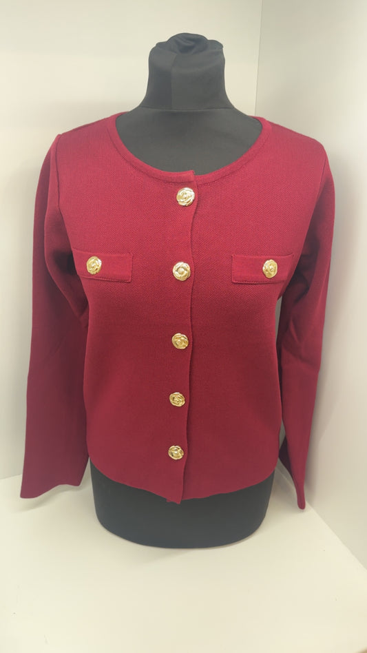 Burgundy Cardigan With Gold Statement Buttons