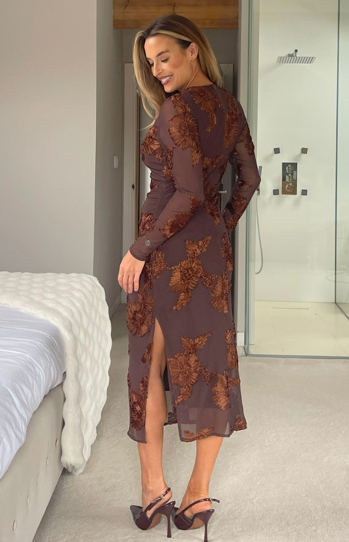 Elodie Floral Embroidered Mesh Bodycon Dress Brown