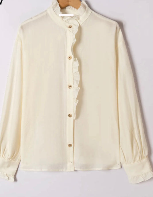 Cream Frill Blouse With Gold Button Appliqué
