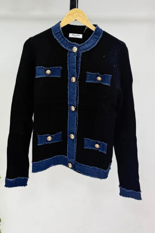 Black & Denim Trim Cardigan/Jacket