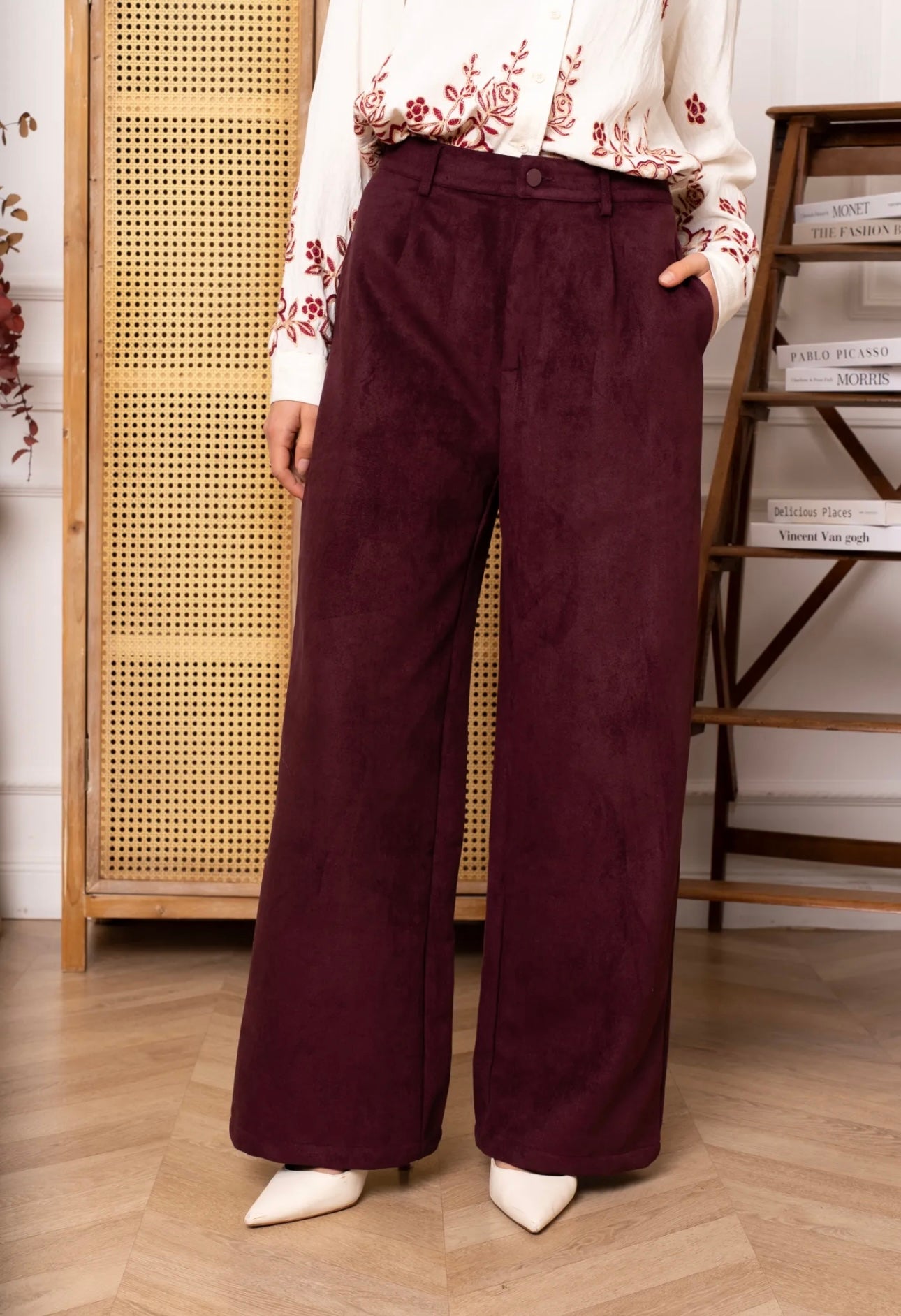 Burgundy Suede Wide Leg Trousers