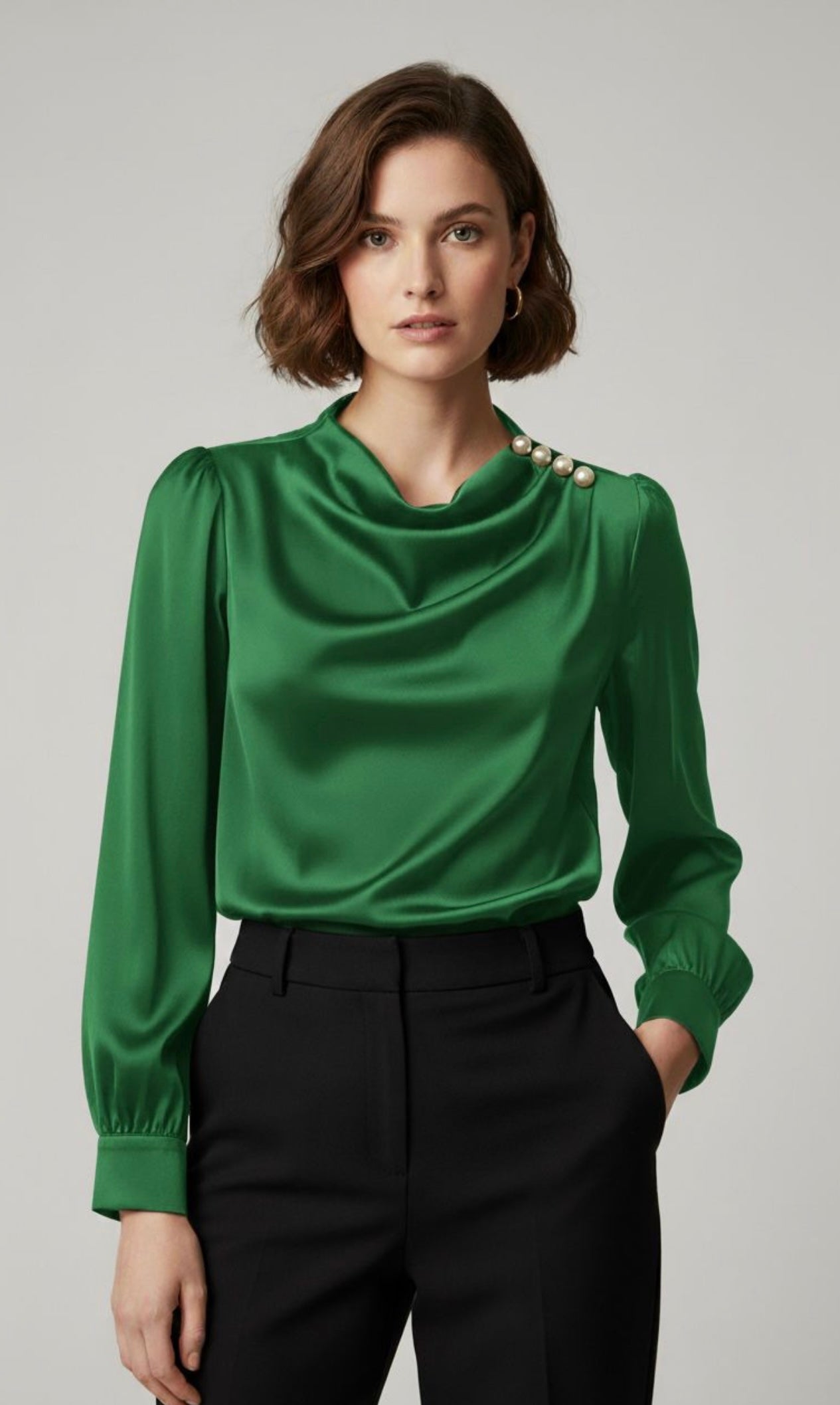 Emerald Satin Pearl Neck Blouse