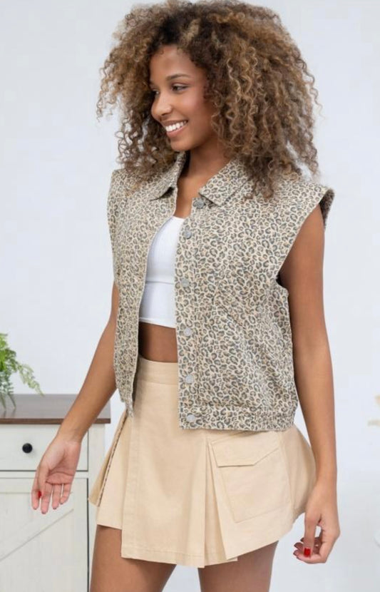 Roxie Leopard Print denim Waistcoat