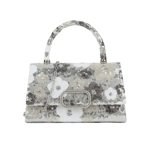 Silver Square Floral Sequin Bag