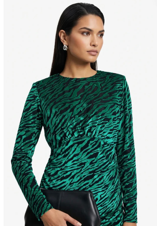 Velvet Zebra Print Top In Emerald & Black (size 12)