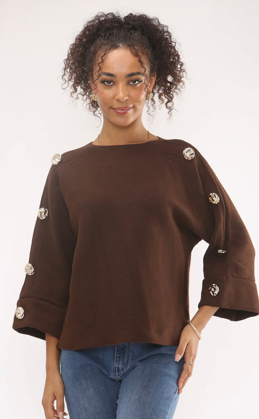 Brown Thick Knit Jumper With Gold Statement Buttons