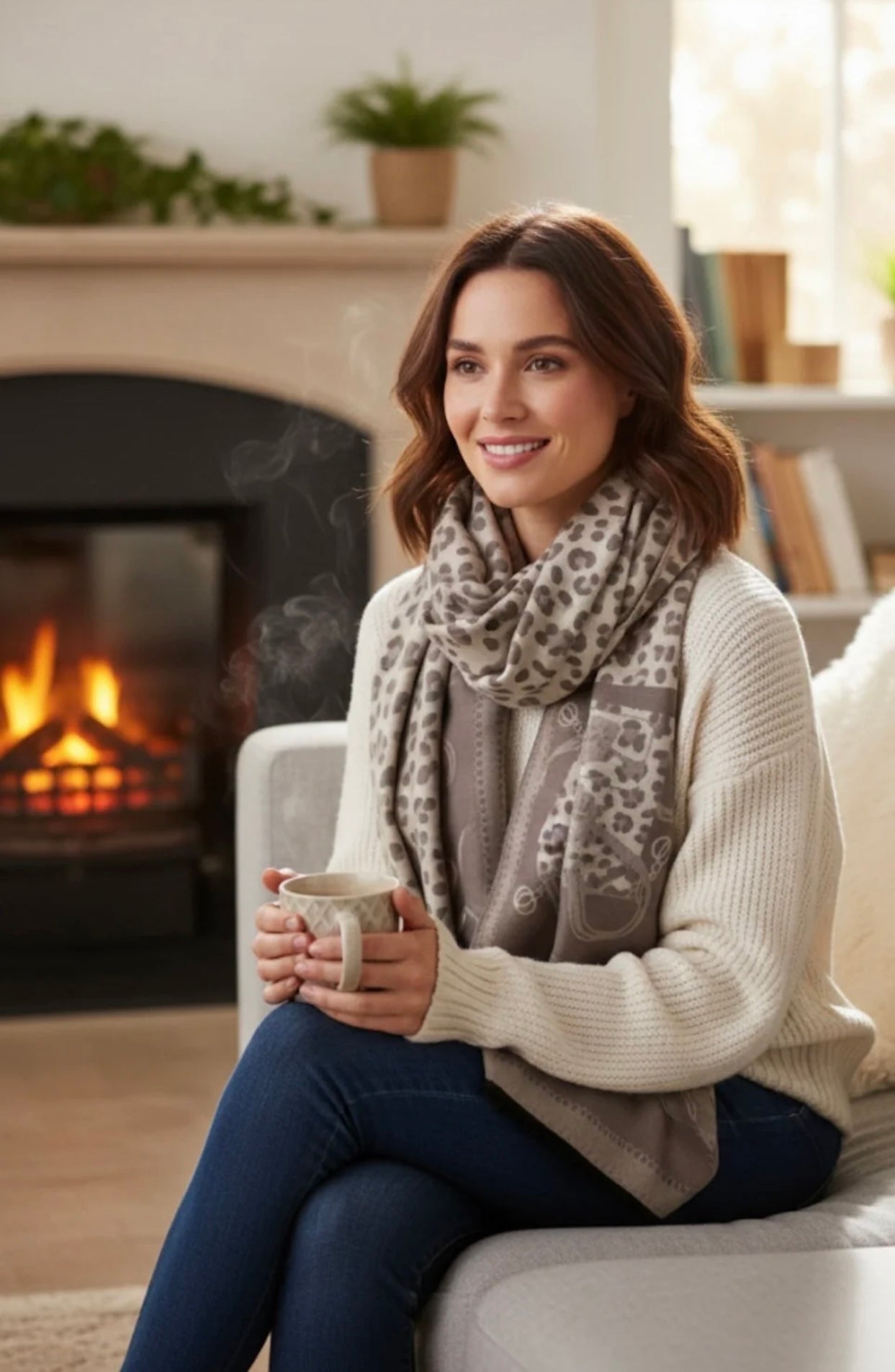 Beige & Cream Leopard Print Scarf