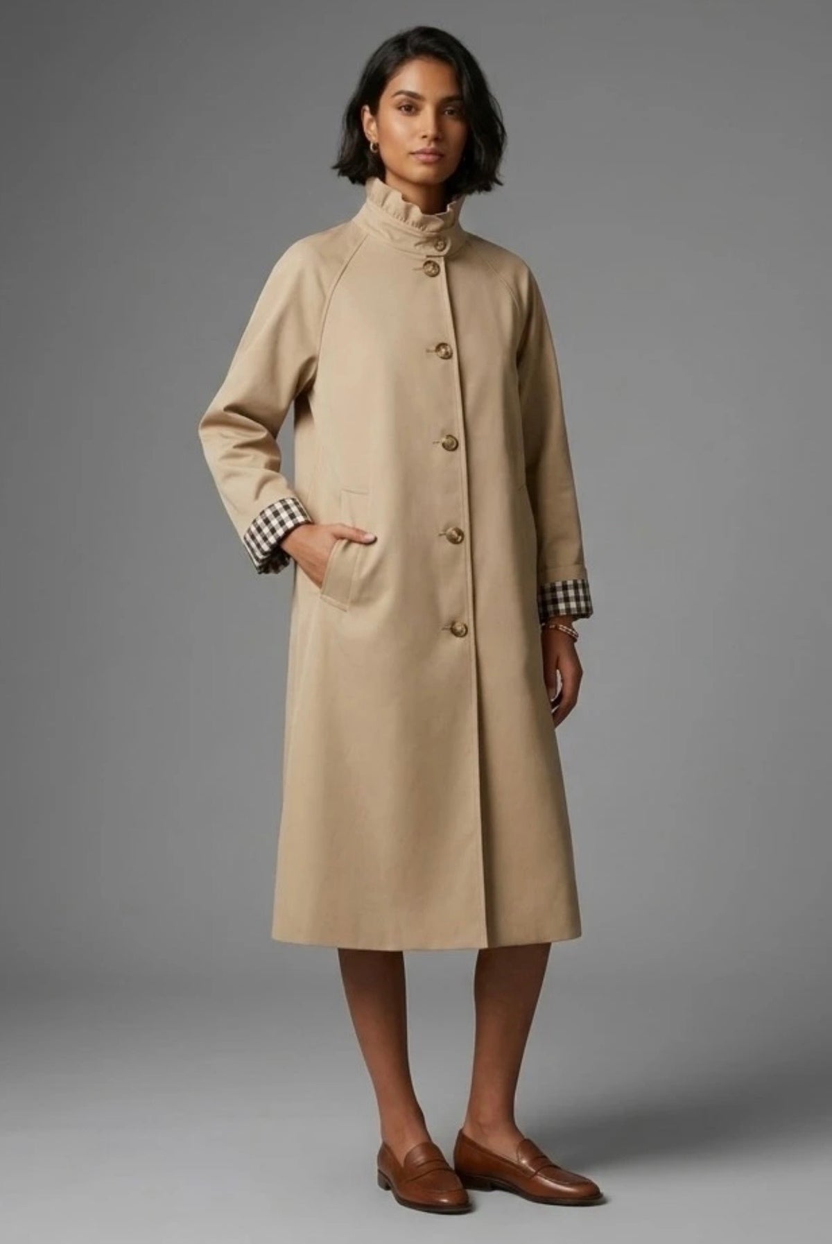 Camel Tuck Pleat Collar Trench Coat