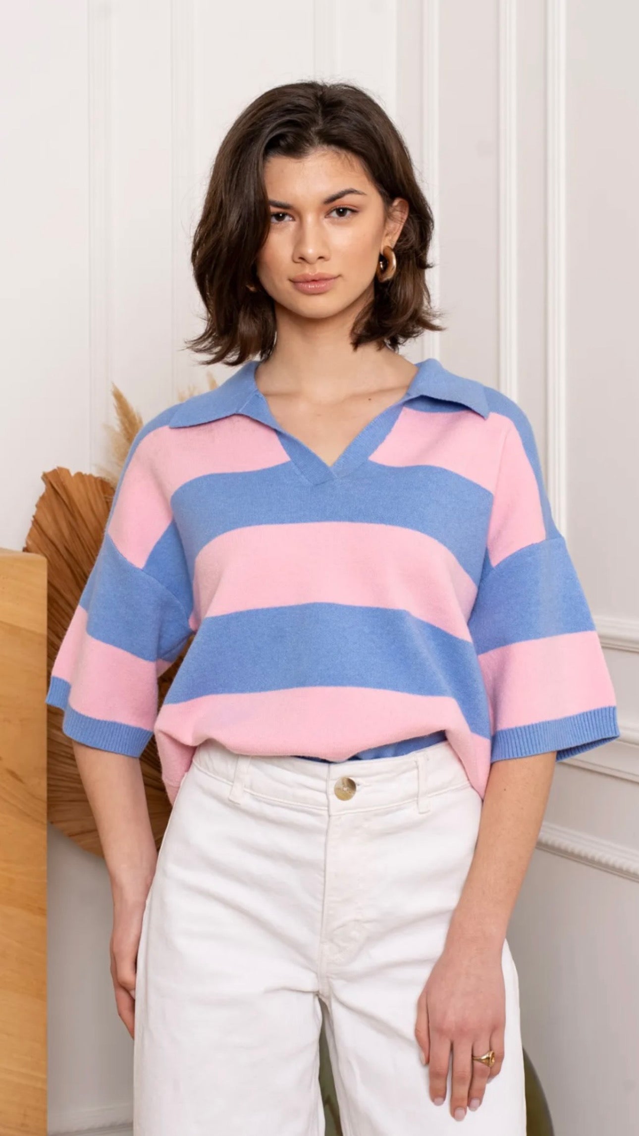 Blue & Pink Striped Collared Top